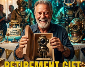 Figura antigua de bronce de un buzo de aguas profundas con placa de identificación personalizada.