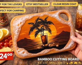 Tabla de cortar Tiki Bamboo de 8.6 x 6 pulgadas, mini tabla para embutidos, arte tropical de resina