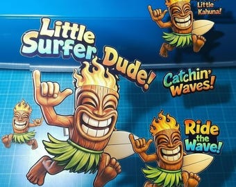 Paquete de pegatinas Tiki Surfer: calcomanías hawaianas impermeables para portátiles y botellas de agua.