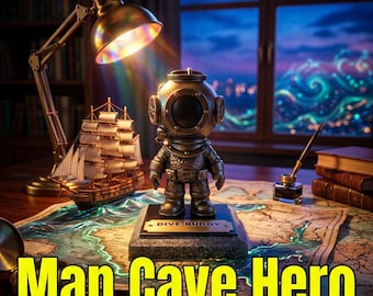 Figura de casco de buceo antiguo de bronce con placa de identificación personalizada.