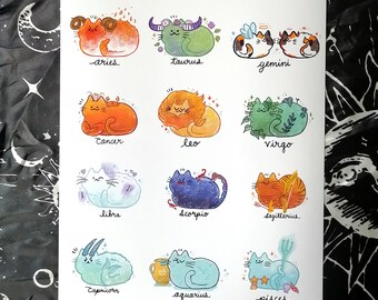 Astrology Cat Loaf Print, All Zodiac Signs Print, Cat Astrological Signs Art Print, Cute Cat Zodiac, Astrology Print, 8.5 x 11 inches A4