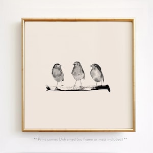 Three Birds wall art, Minimal bird print, Robin bird wall art, birds on a branch art, bird art painting, 8x8 print, 12x12 print, 11x11 print