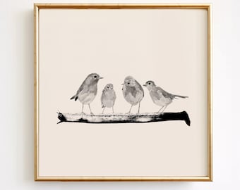 Four Robins Watercolor Print, Family Bird Art, square
