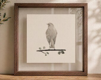 Still on the Branch I – Minimalist Robin Bird Art Print, Watercolor Pencil Ink, Neutral Wall Art