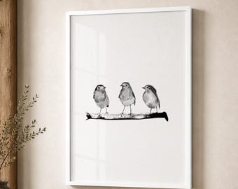 Three Little Robins Art Print: Black and White Bird Illustration, unframed on watercolor paper