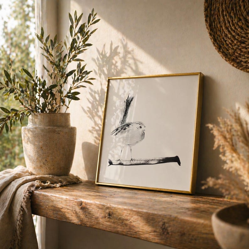 May include: A square framed wall art piece featuring a black ink illustration of a small bird perched on a branch. The artwork is set within a thin gold-colored metal frame, showcasing a minimalist bird drawing on a plain white background.