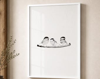 Three Chickadees on a Branch Wall Art, Black and White Bird Print