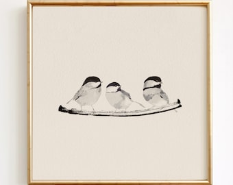 Three Chickadees on a Branch Print – Minimalist Watercolor Bird Art (Unframed)