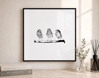 Three Robins Print: Minimalist Black and White Bird Art, unframed square print