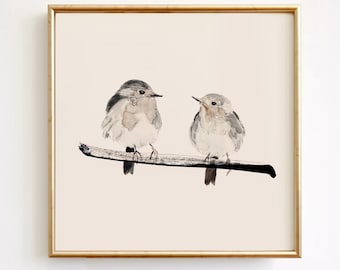 Two Birds Wall Art, Robin Couple Print, Square Bird Watercolor, Minimal Neutral Decor