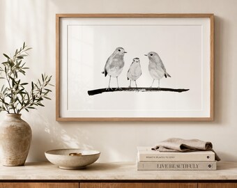 Robin Family Print | Family of Three Bird Art | Black and White Horizontal Decor