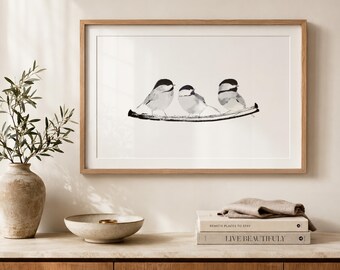 Three Chickadees Print | Black and White Bird Wall Art | Horizontal Chickadee Decor