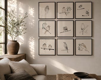 Set of 9 Bird Prints | Minimalist Bird Gallery Wall | Neutral Nature Art Collection