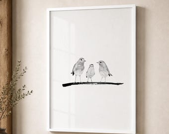 Three Birds Family Print – Minimalist Watercolor Bird Wall Art, Neutral Nature Decor