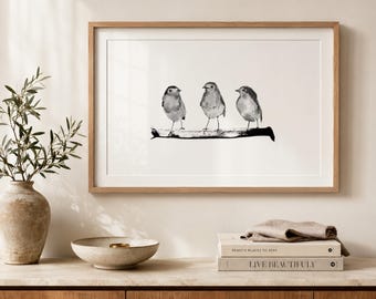 Three Birds Wall Art, Black and White Robin Print, Minimalist Bird Art, Neutral Decor