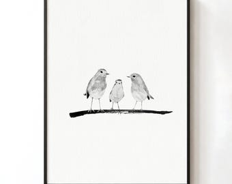Three Birds Family Print – Minimalist Watercolor Bird Wall Art, Neutral Nature Decor