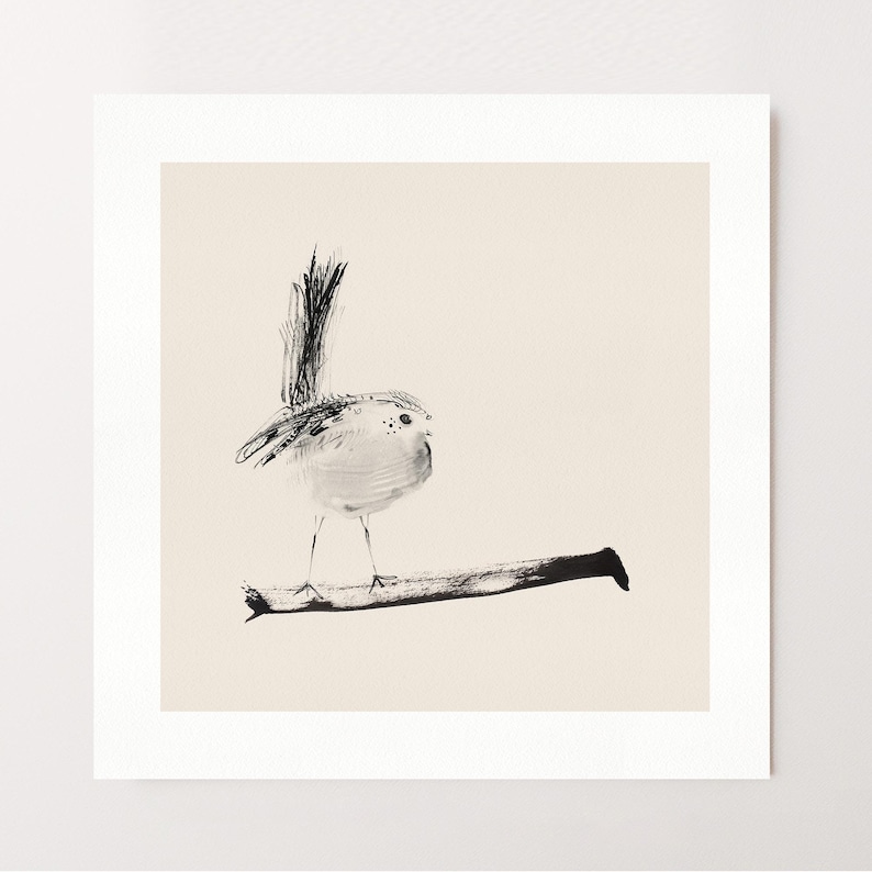 May include: A square art print featuring a black ink illustration of a small bird perched on a horizontal branch. The bird has a long, upright tail and delicate features, rendered in a minimalist style against a solid, light beige background.