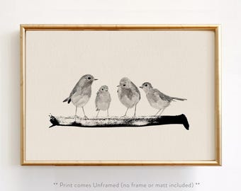 Four Birds Print – Robins Watercolor Family Wall Art, Landscape
