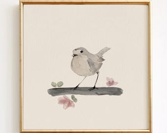 A Small Step II – Minimalist Robin Bird Art Print, Watercolor Pencil Ink, Neutral Wall Art