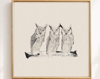 Three Horned Owls Print, Minimal Owl Wall Art