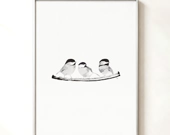 Three Chickadees on a Branch Wall Art, Black and White Bird Print