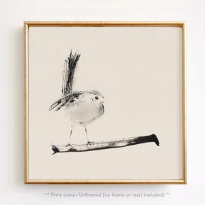 Minimalist Bird Art Print, Watercolor Bird Illustration, Ink Bird Sketch, Neutral Beige Black Wall Decor image 1