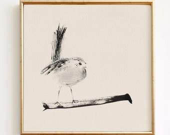 Minimalist Bird Art Print, Watercolor Bird Illustration, Ink Bird Sketch, Neutral Beige Black Wall Decor