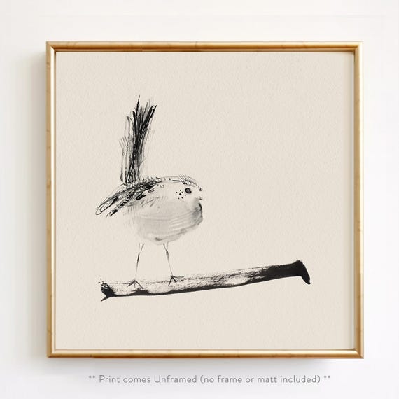 Minimalist Bird Art Print, Watercolor Bird Illustration, Ink Bird Sketch, Neutral Beige Black Wall Decor