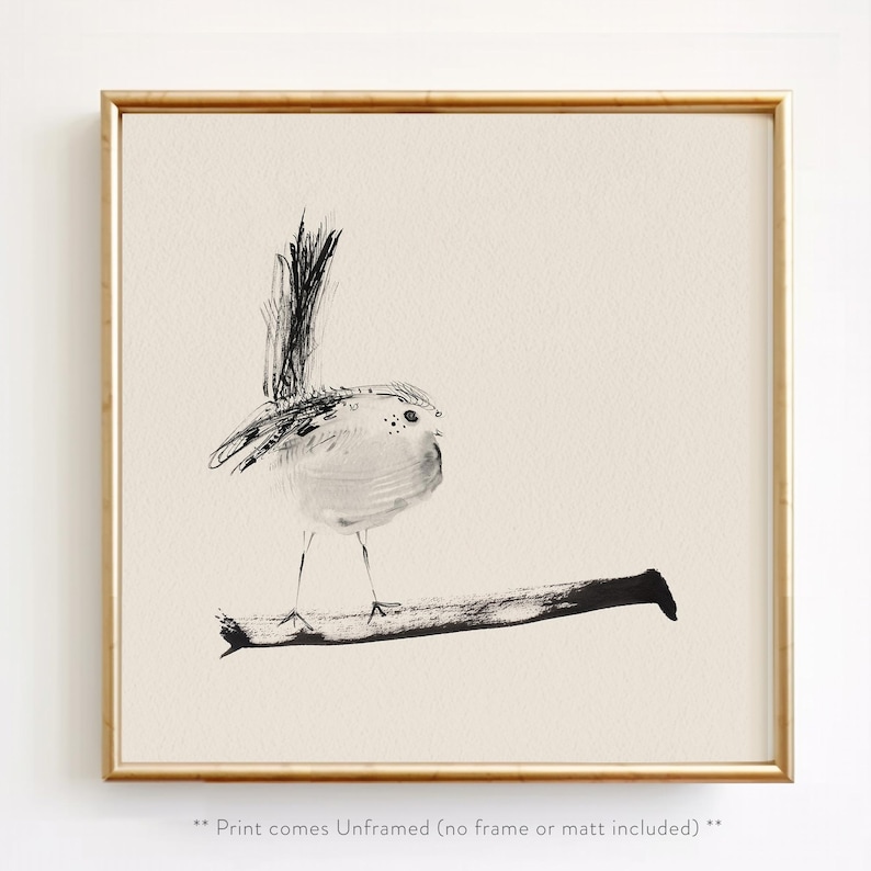 Minimalist Bird Art Print, Watercolor Bird Illustration, Ink Bird Sketch, Neutral Beige Black Wall Decor image 1