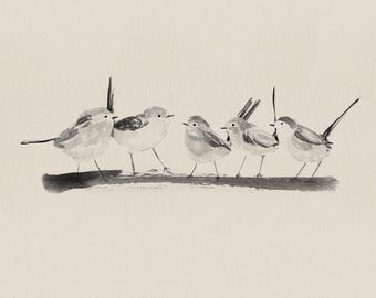 Five Wrens Art Print, Minimalist Bird Wall Art, Soft Neutral Watercolor Bird Print