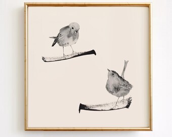 Two Robins Wall Art Print, Minimalist Bird Art, Watercolor Bird Print, Neutral Decor, Bird Pair