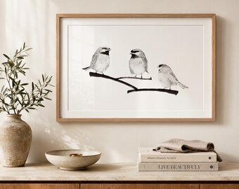 Three Chickadees in a Tree | Black and White Bird Print | Horizontal Wall Art