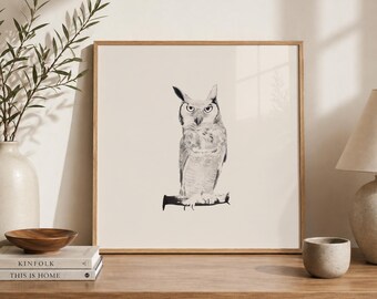Silent Watcher | Horned Owl Print | Minimalist Owl Wall Art