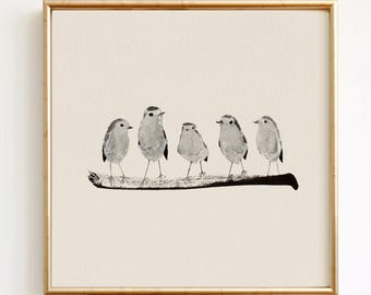 Bird Family Wall Art, Five Robins Watercolor Print, Minimal Neutral Decor, Square Nature