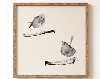 Two Robins Wall Art Print, Minimalist Bird Art, Watercolor Bird Print, Neutral Decor, Bird Pair