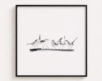 Five Wrens Art Print, Minimalist Soft Grey Watercolor Bird Wall Art