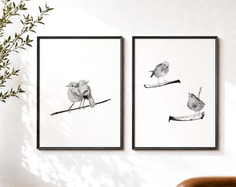 Set of 2 Bird Prints | Black and White Watercolor Birds | Minimalist Gallery Wall Set