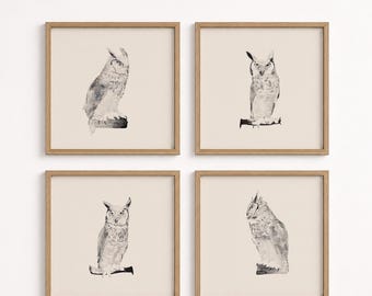 Set of 4 Owl Prints | Horned Owl Wall Art