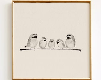 Bird Family Wall Art, 5 Chickadees on a Branch