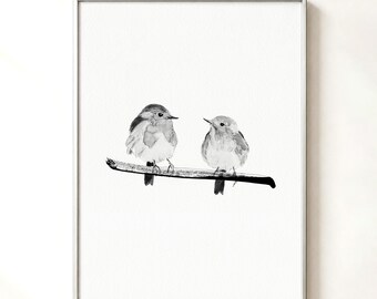A Couple of Robins Wall Art, Black and White Bird Print