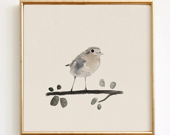Soft Gaze III – Minimalist Robin Bird Art Print, Watercolor Pencil Ink, Neutral Wall Art