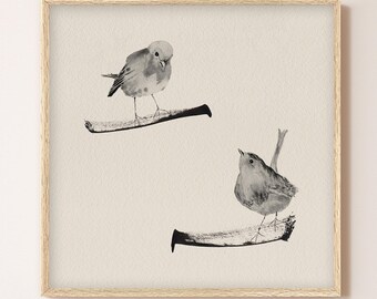 Framed Two Robins Bird Wall Art – Minimal Watercolor Nature Decor