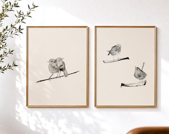 Set of 2 Bird Prints – Watercolor Songbirds, Minimalist Beige Wall Art, Portrait Gallery Pair