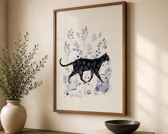 Black Cat Art Print – Blue Botanical Cat Wall Art, Watercolor Cat Lover Gift