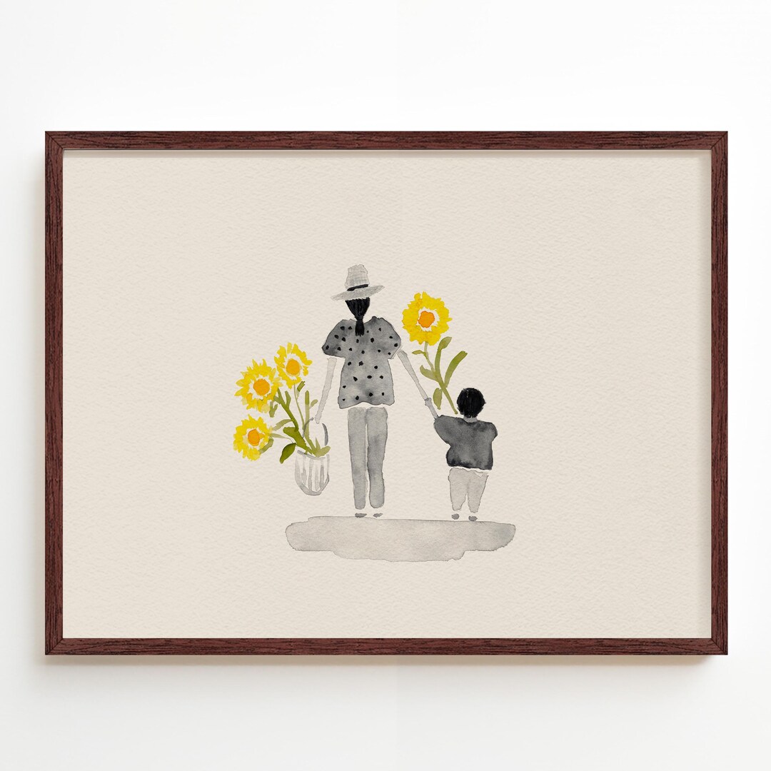 Framed Mother and Son Wall Art, Minimalist Watercolor Family ...