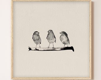 Framed Bird Wall Art, Three Robins Watercolor Print, Modern Nature Decor