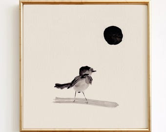 Moon Bird Watercolor Print – Minimalist Bird and Moon Wall Art, Neutral Nature Decor, Unframed