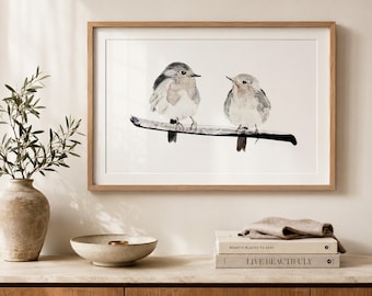 Two Robins Print – Watercolor Bird Wall Art, Minimalist Songbird Pair, Birds on a Branch, White