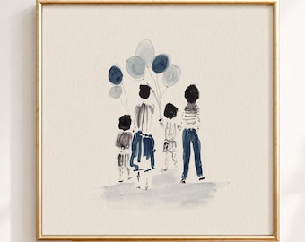 Family of Four with Balloons | Minimalist Family Print