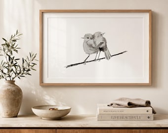 Two Birds Print – Black and White Bird Wall Art, Minimalist Watercolor, Birds on a Branch, White